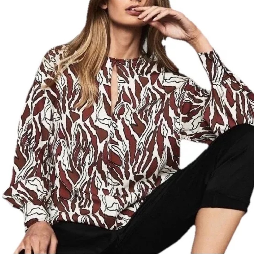 Reiss Alana Top Blouse Animal Tiger Print Keyhole